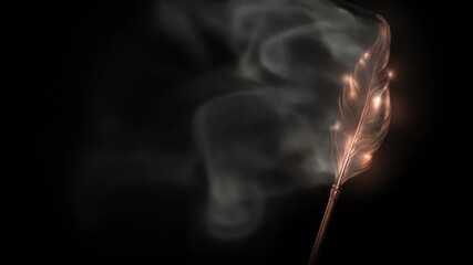 A bronze feather pen with smoke trails against a black background, with glowing accents - Powered by Adobe