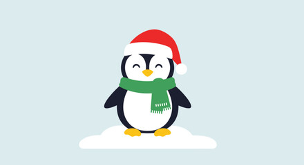 Festive Penguin Illustration with Santa Hat and Scarf on Snow.