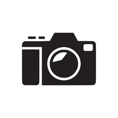 A simple black and white illustration of a camera with a lens on a white background image design