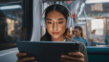 Young woman enjoys entertainment on her tablet, commutes with headphones in a train during a relaxing, modern travel experience, connecting to content on the move