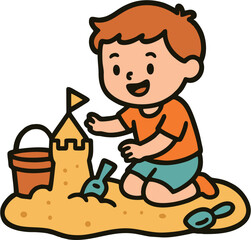 Happy Boy Building Sandcastle – Cute Beach Cartoon Illustration