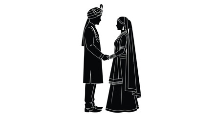 Silhouette of a traditional indian wedding couple holding hands in profile