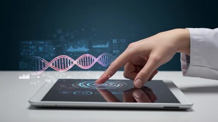 A finger touches a tablet screen, interacting with a futuristic display showcasing a DNA strand. Background shows tech diagrams - Powered by Adobe