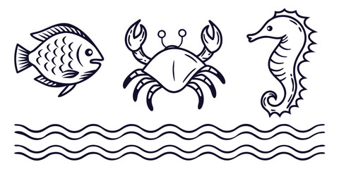 A drawing of a fish, a crab, and a seahorse above wavy lines.
