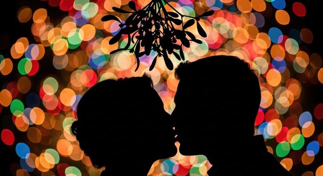 A silhouette of a romantic couple kissing under mistletoe with a festive bokeh background of colorful lights. Cozy Christmas Background  - Powered by Adobe