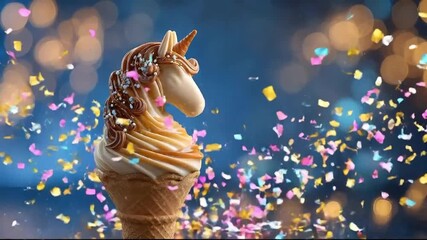 Horse Head Caramel Ice Cream Banner in Waffle Cup on Gold Bokeh Background as a Holiday Dessert with Free Space to Insert Text