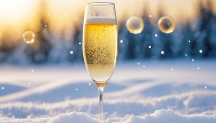 Golden sparkling wine in a champagne flute standing in fresh snow during a beautiful winter sunset with falling snowflakes and bokeh