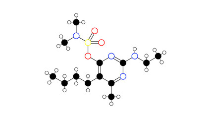 bupirimate molecule, structural chemical formula, ball-and-stick model, isolated image fungicide