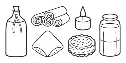 A collection of items for relaxation and self-care, including massage oil, rolled towels, a candle, and a jar.