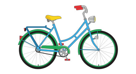 A colorful illustration of a vintage style bicycle with distinct features