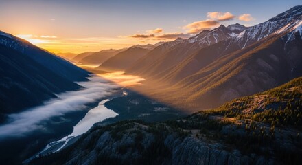 Aerial view of mountain valley during sunrise 