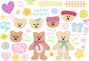 Cute pastel decorations of teddy bear and cat with winter scarf, headband, butterfly, ribbon for animal, stickers, cartoon characters, comic, mascot, sport, festive icon, happy moment, party time