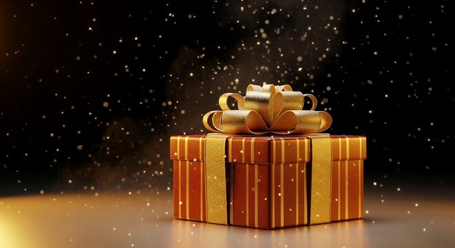 Luxury striped red gift box with gold ribbon and bow on dark background with magical falling golden glitter dust. - Powered by Adobe