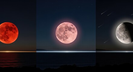 Experience the celestial dance of a blood moon, pink moon, and meteor shower over the tranquil sea