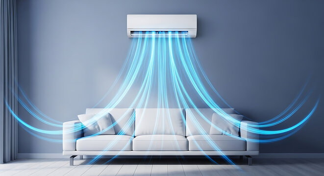 Air Conditioner Cooling Flow Waves Over Sofa Modern Home Comfort Illustration