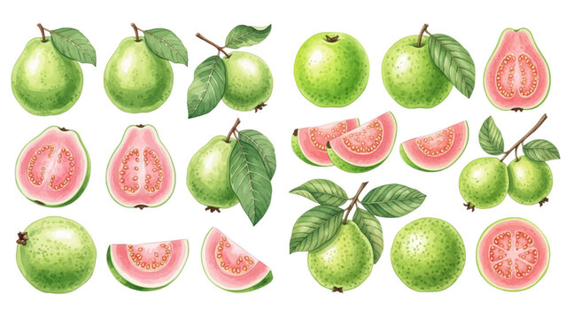 A collection of whole, halved, and sliced green guavas with pink flesh and leaves, isolated on a transparent background.
