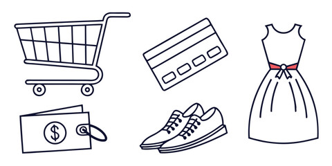A shopping cart, wallet, credit card, dress, and shoes are displayed in a doodle art style.