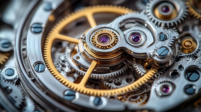 Closeup of mechanical watch gears with intricate details, gold, and silver.