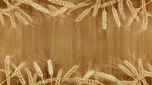 Dry golden wheat ears border a wood background providing copyspace and a natural organic feel for agriculture or baking concepts.