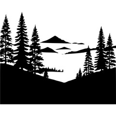 Silhouette landscape with mountains trees and lake nature vector design