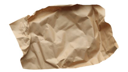 A single crumpled piece of light brown paper with a textured surface isolated on transparent background
