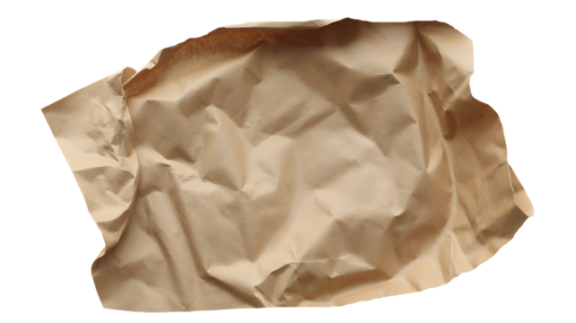 A single crumpled piece of light brown paper with a textured surface isolated on transparent background
