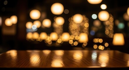 Elegant wooden table with soft, warm lighting creates a cozy and inviting restaurant or bar atmosphere