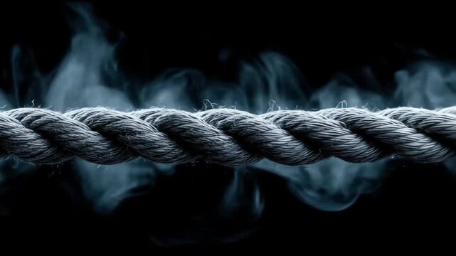 A thick, textured rope is centered against a dark background, with wisps of smoky fog