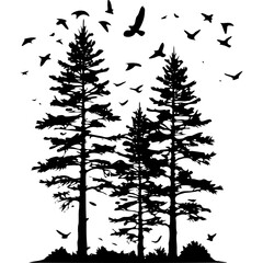 Black and white forest scene with pine trees and flock of birds flying art silhouette