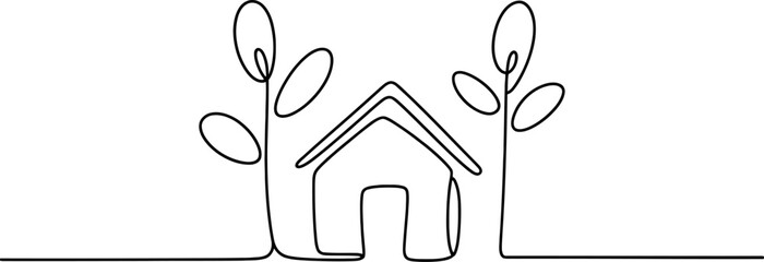 Continuous line drawing of a minimalist house with two stylized trees, symbolizing home, nature, environment, sustainability.