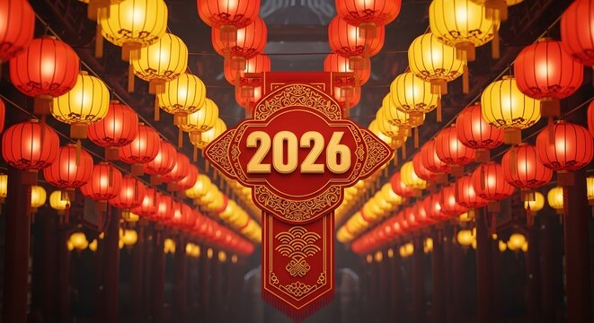 Festive chinese new year 2026 decoration with red and yellow lanterns