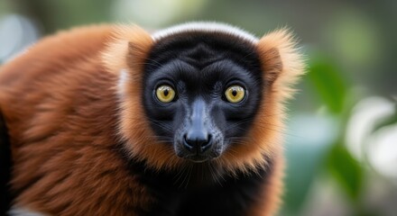 Obraz premium Intense gaze from a red ruffed lemur with striking yellow eyes looking directly at you in the jungle