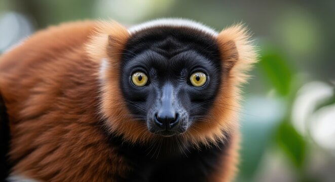 Intense gaze from a red ruffed lemur with striking yellow eyes looking directly at you in the jungle