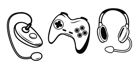 A video game controller, headset, and peripheral are shown in a stylized illustration.