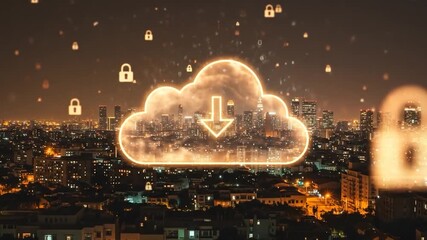 A glowing cloud with a download arrow hovers over a cityscape at night, with padlocks and binary code elements - Powered by Adobe