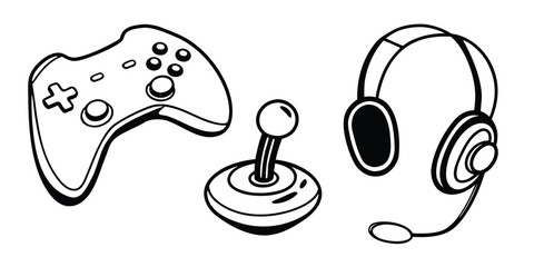 A modern game controller, a classic joystick, and headphones with a microphone are displayed.