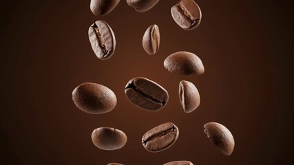 Roasted coffee beans in mid-air, suspended over a dark brown background with a smooth, even tone and soft lighting.