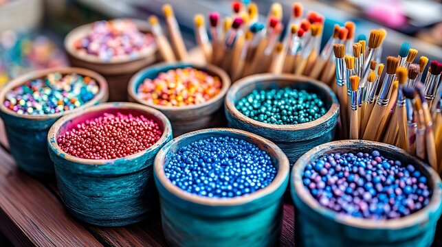 Colorful beads and paintbrushes in pots.