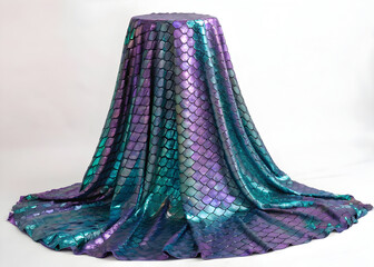 Iridescent fabric with scale pattern draped over round table in a studio environment