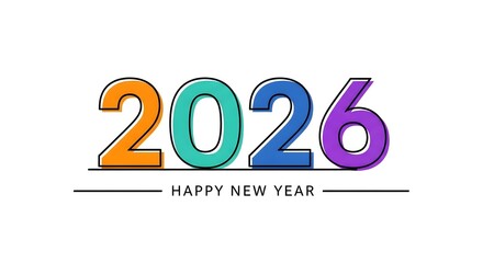 Colorful and playful 2026 happy new year vector design isolated on white background, perfect for greeting cards and festive promotions