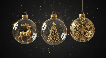 Sparkling Christmas Ornaments A Festive Trio Featuring a Reindeer, Christmas Tree, and Snowflake Design on a Dark Background