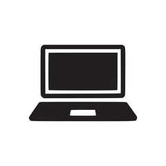 A simple black and white illustration of a laptop computer with a rectangular screen and keyboard area