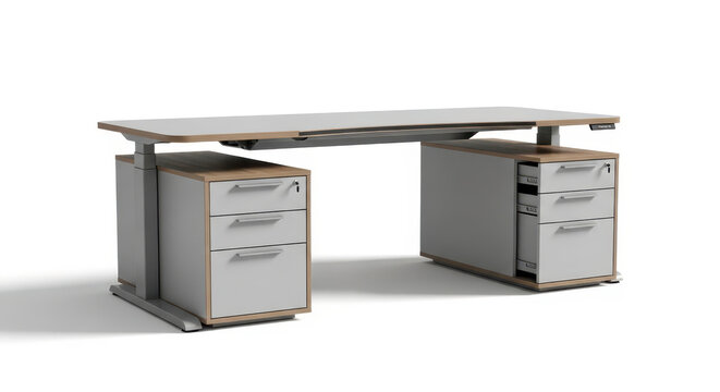 Height adjustable modern office desk with integrated filing cabinets isolated on a white background contemporary furniture for workplace ergonomics and productivity