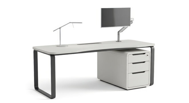 Modern office desk with a white curved top, black metal frame, monitor arm, desk lamp, and mobile file cabinet