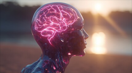 The image showcases a translucent human head that displays a glowing neon pink brain, emanating vibrant light in a serene setting. This scene captures the intricate details of the