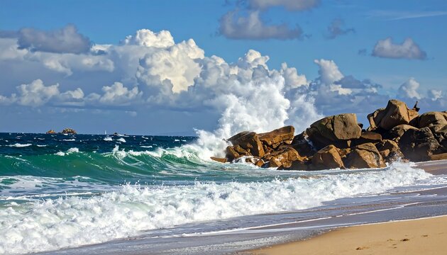 Ocean waves crash against rocky outcrops on a sandy beach under a partly cloudy sky. The water is turquoise - Powered by Adobe