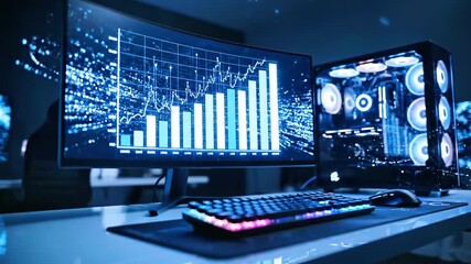 Modern computer setup displays data visualizations, with keyboard and desktop. Graphics highlight - Powered by Adobe