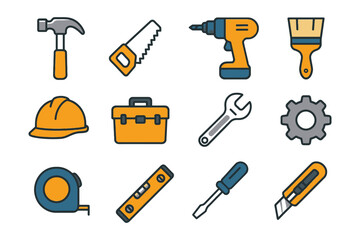 Collection of various hand tools and construction equipment icons in illustrated style.