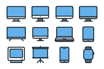 Diverse collection of electronic devices: monitors, laptops, smartphones, smartwatch, tv screens.