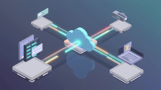 Conceptual illustration of a cloud computing network showing data flow between a central cloud and connected technology endpoints